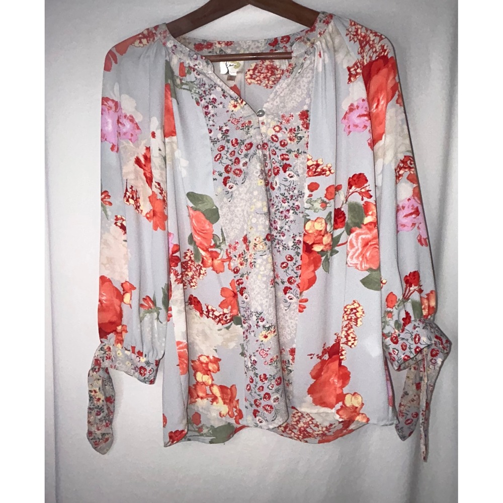 Fig and Flower Floral Print Blouse Gray Orange Bohemian Chic Size S